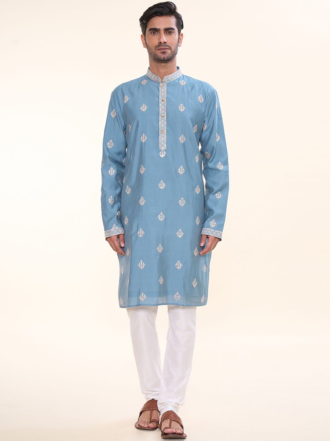 

Arihant Rai Sinha Floral Embroidered Mandarin Collar Straight Kurta With Churidar, Blue