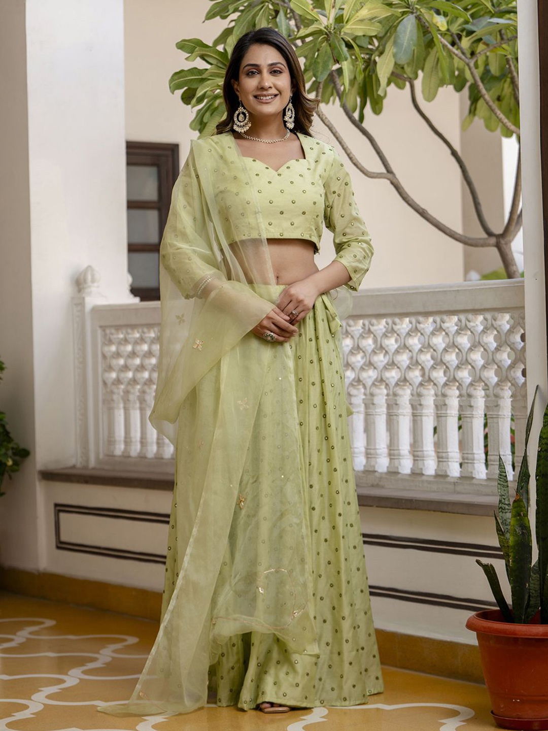 

KALINI Embroidered Mirror Work Ready to Wear Lehenga & Blouse With Dupatta, Beige