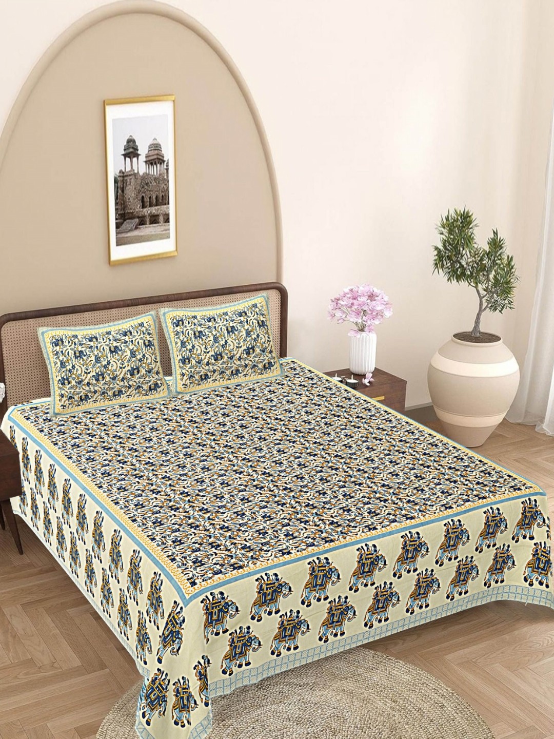 

FrionKandy Living Blue & Beige Printed 180 TC Cotton King Bedsheet Set 2.12 m x 2.62 m