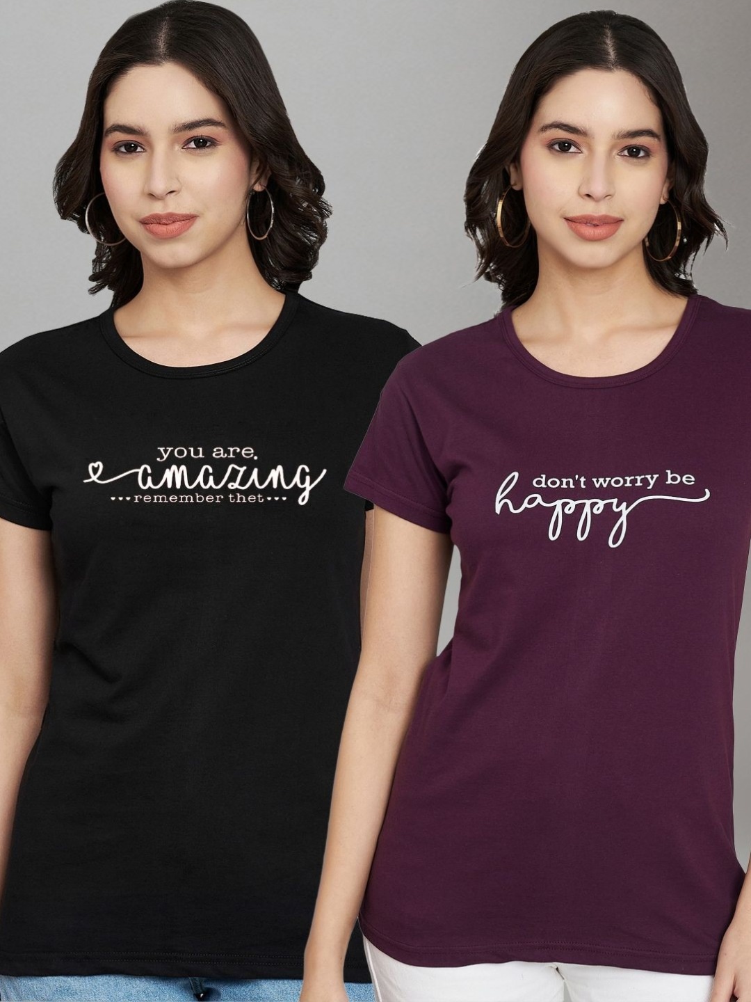 

Trend Level Women Pack Of 2 Typography Printed Round Neck Cotton T-shirts, Black