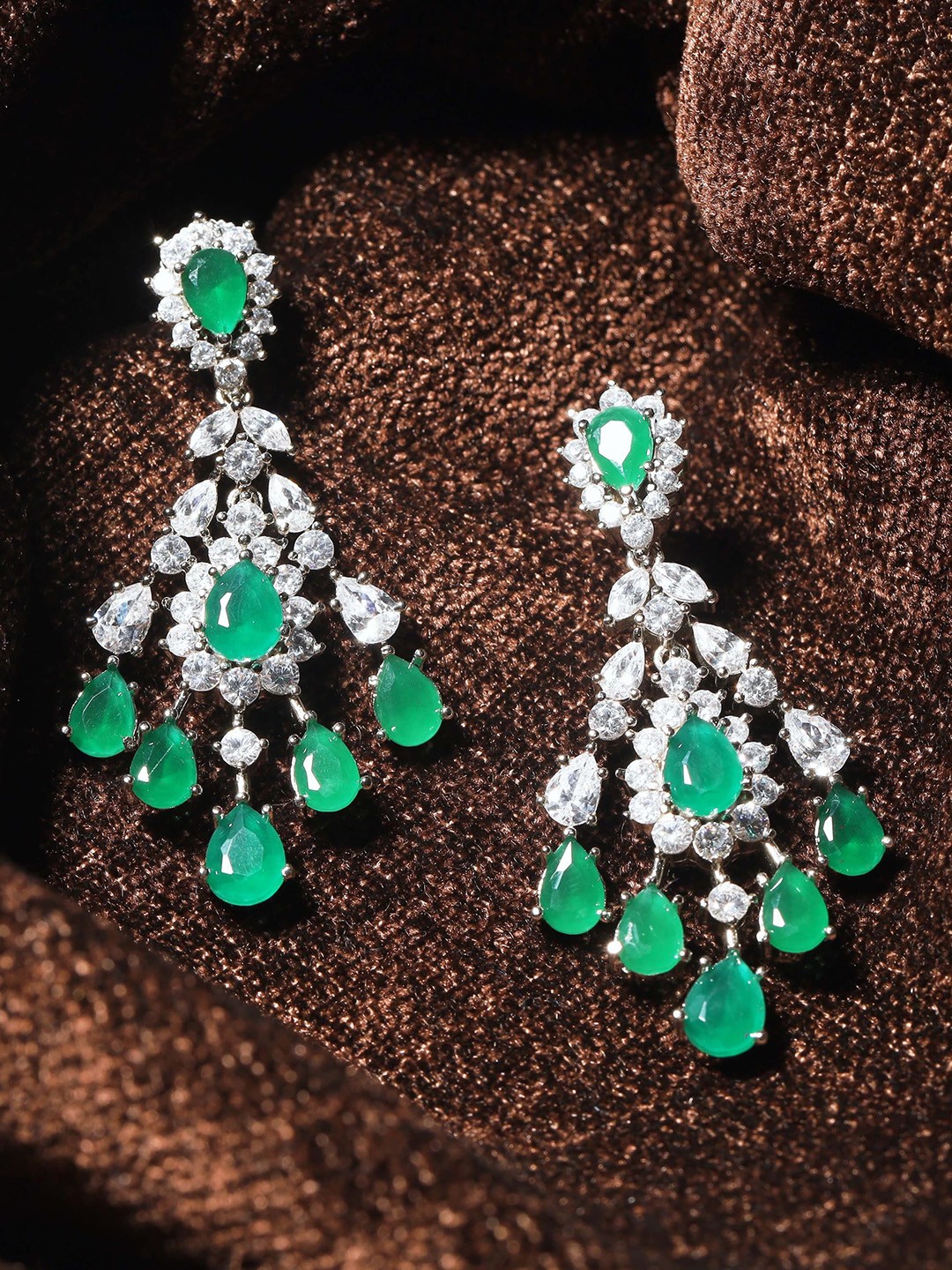 

Maansh Sterling Silver-Plated American Diamond Studded Contemporary Drop Earrings