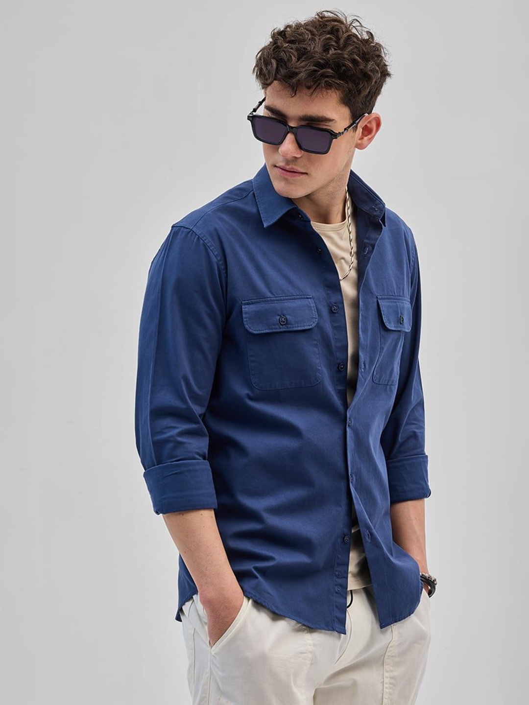 

Snitch Men Smart Spread Collar Solid Cotton Casual Shirt, Blue