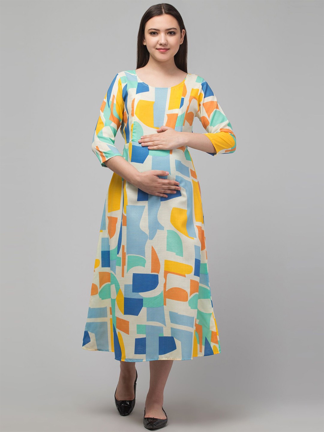 

Zuvino Women Abstract Printed Maternity A-Line Cotton Midi Dress, White