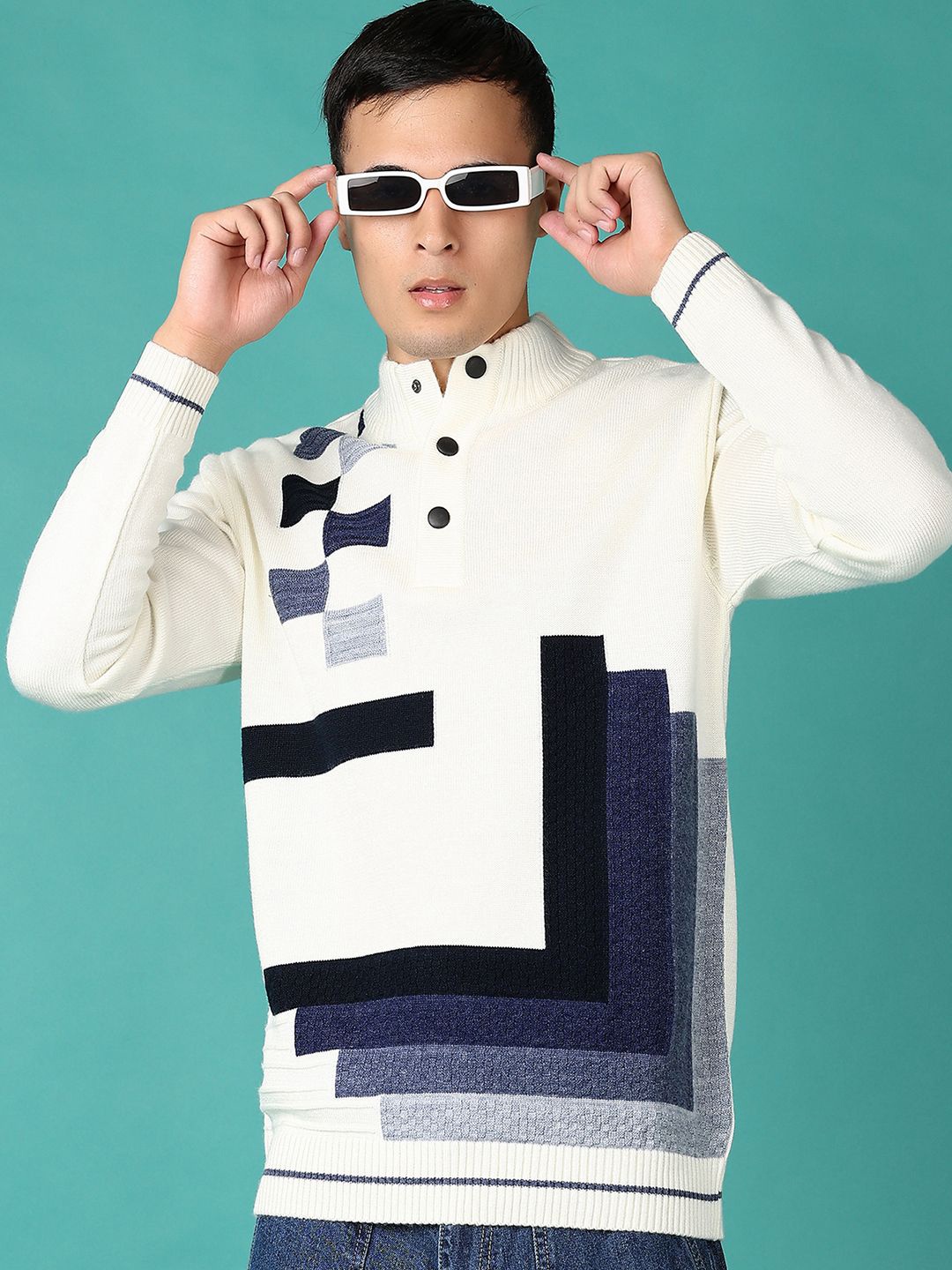 

V-Mart Men Mock Collar Center Front Open-No/ Cotton Pullover Sweaters, White