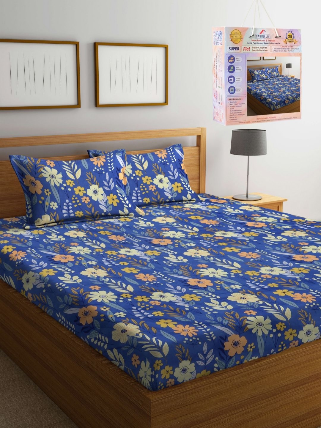 

FABINALIV Blue & Green Floral Printed 300 TC King Bedsheet Set 2.70 m x 2.70 m