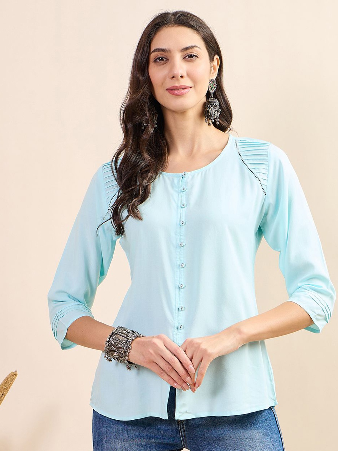 

Anouk Women Round Neck Three-Quarter Sleeves Top, Blue
