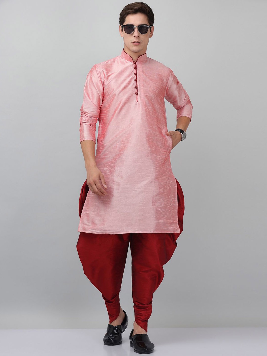 

LEMONX Mandarin Collar Dupion Silk Straight Kurta With Dhoti Pant, Pink