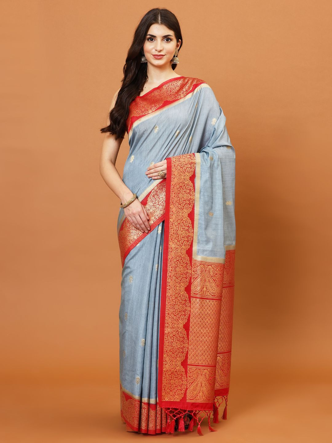 

Meena Bazaar Ethnic Motifs Woven Design Zari Saree, Grey