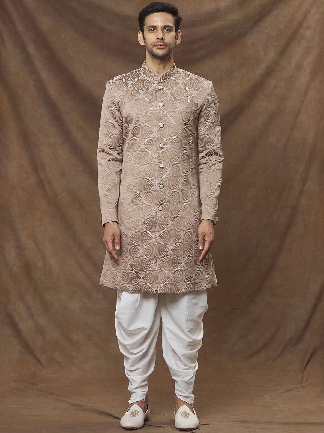 

Arihant Rai Sinha Geometric Self Design Sherwani Set, Brown