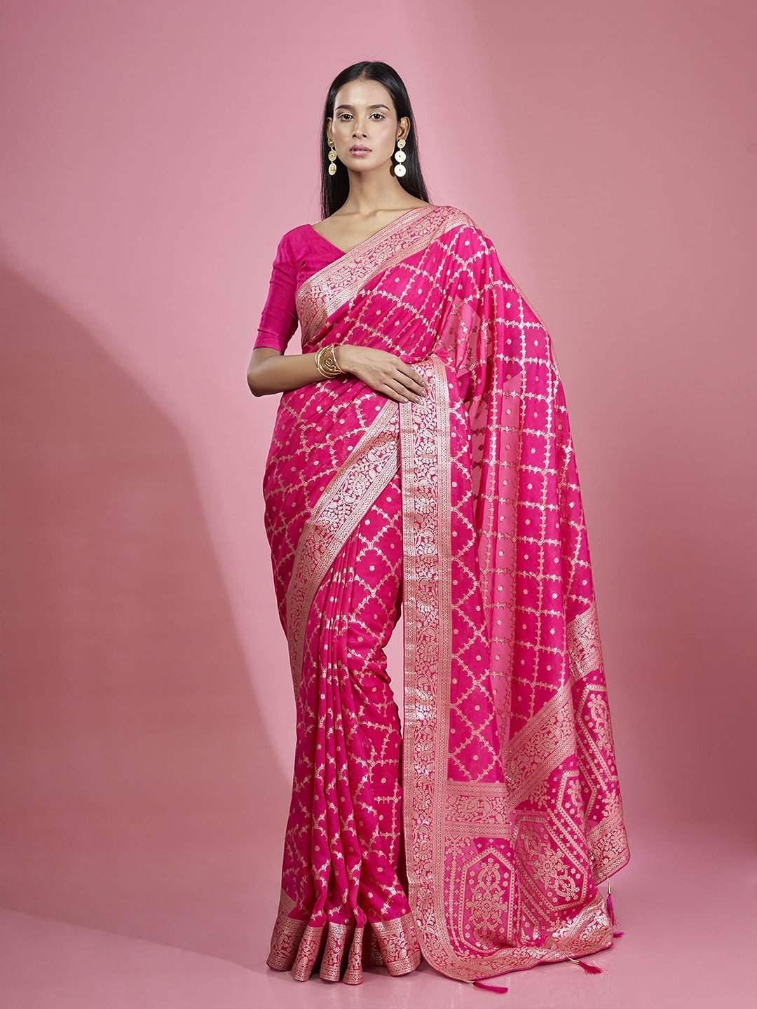 

ISHKIYA Ethnic Motifs Woven Design Zari Pure Silk Khadi Saree, Pink