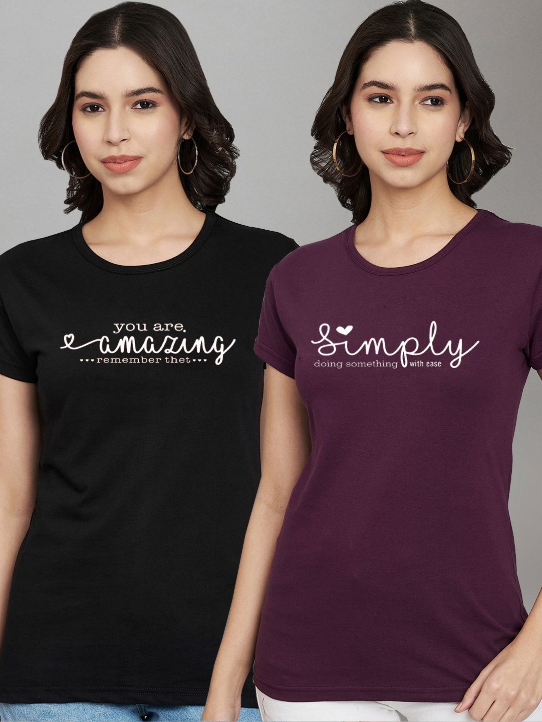 

Trend Level Women Pack Of 2 Typography Printed Round Neck Cotton T-shirts, Black