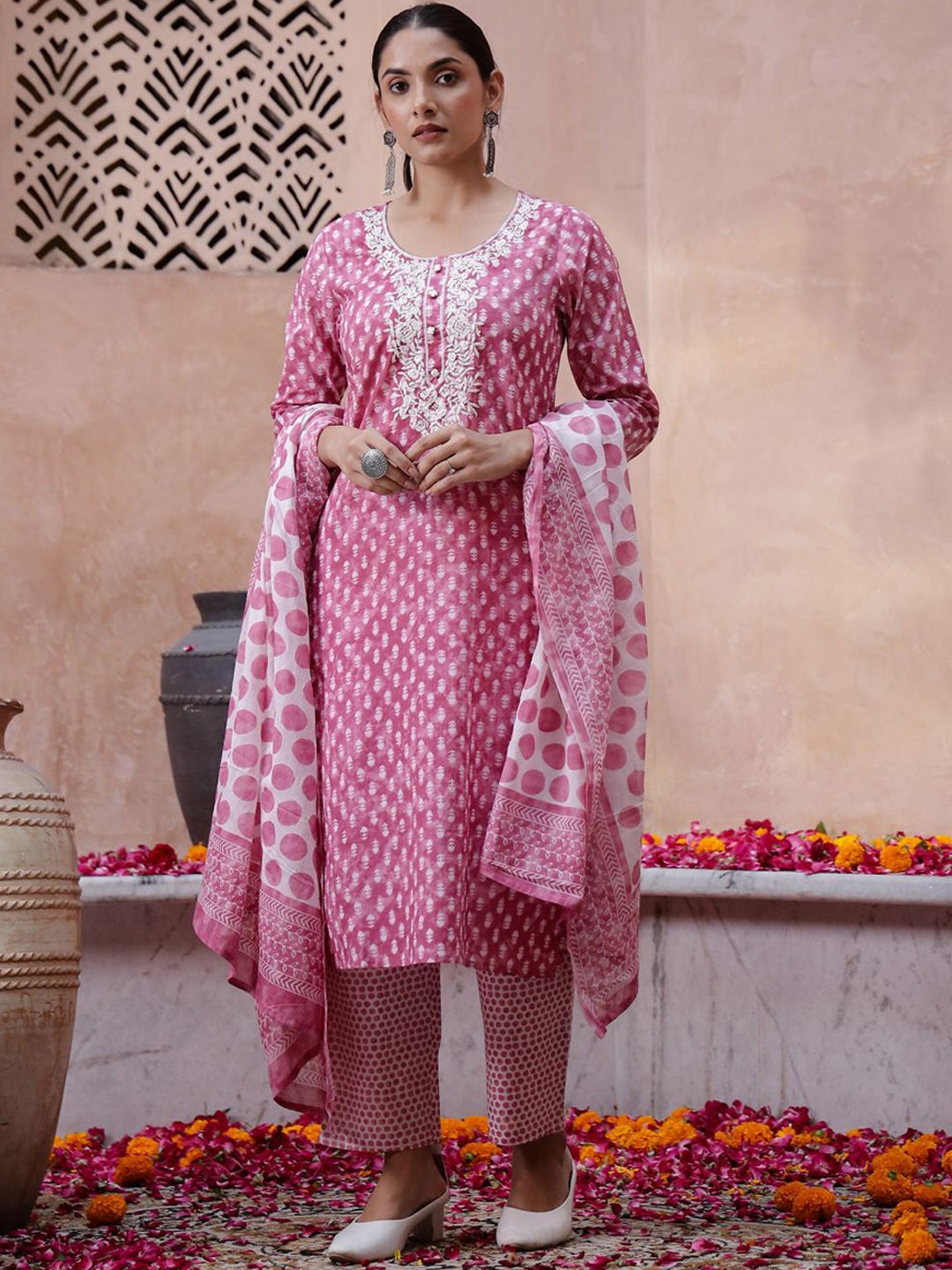 

RangDeep Floral Printed Thread Work Pure Cotton Straight Kurta with Trouser & Dupatta, Pink