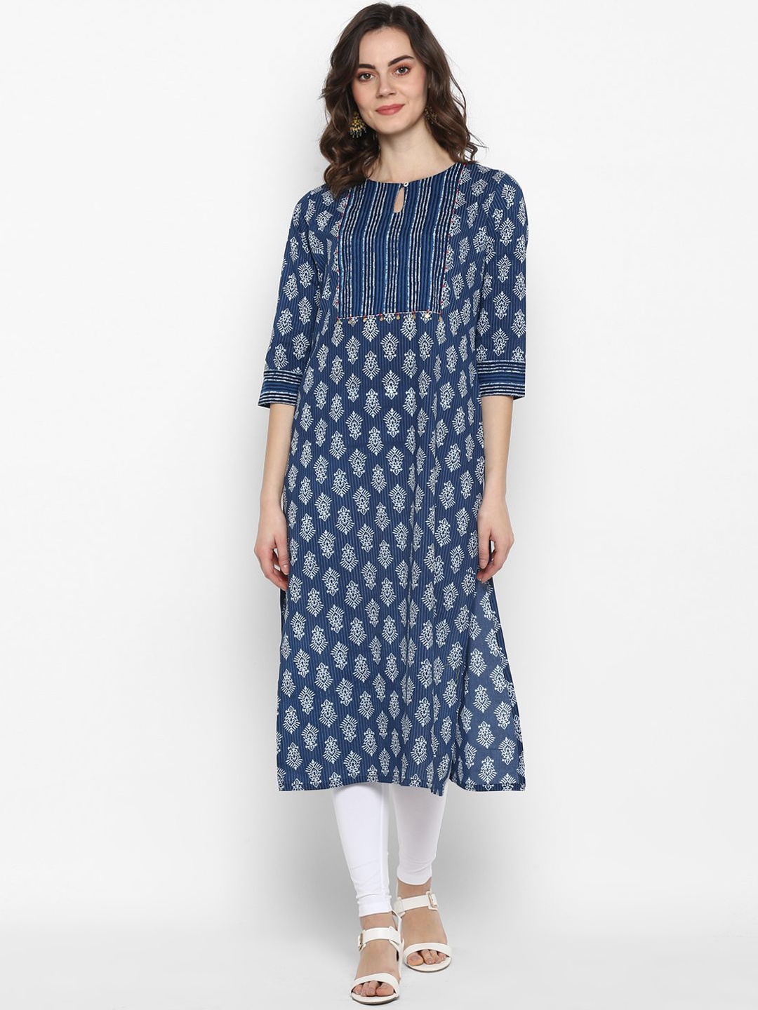 

KALINI Ethnic Motifs Block Printed Keyhole Neck Beaded Work Pure Cotton Straight Kurta, Blue