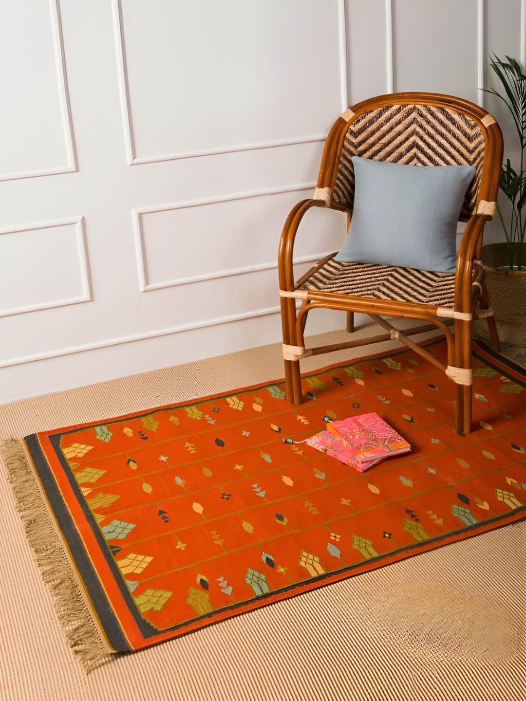 

Fabindia Orange Coloured & Yellow Printed Cotton Dhurrie
