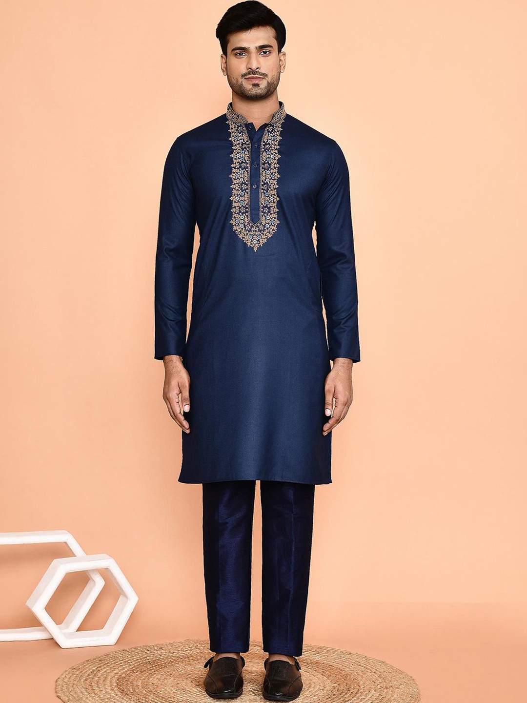 

Arihant Rai Sinha Floral Embroidered Mandarin Collar Straight Kurta With Salwar, Blue