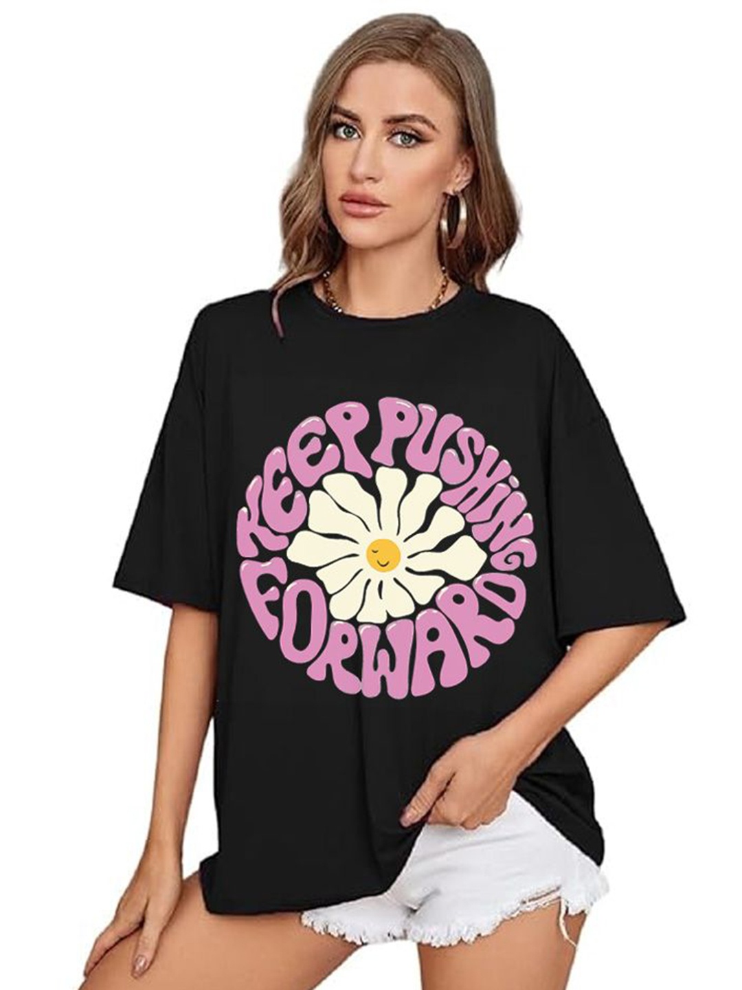 

VIXENLY Women Cotton Solid Typography Printed Oversized T-shirt, Black