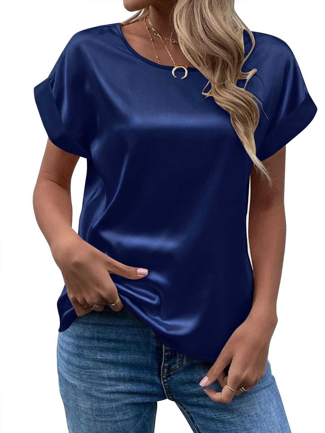 

StyleCast Women Regular Short Sleeves Round Neck Top, Navy blue