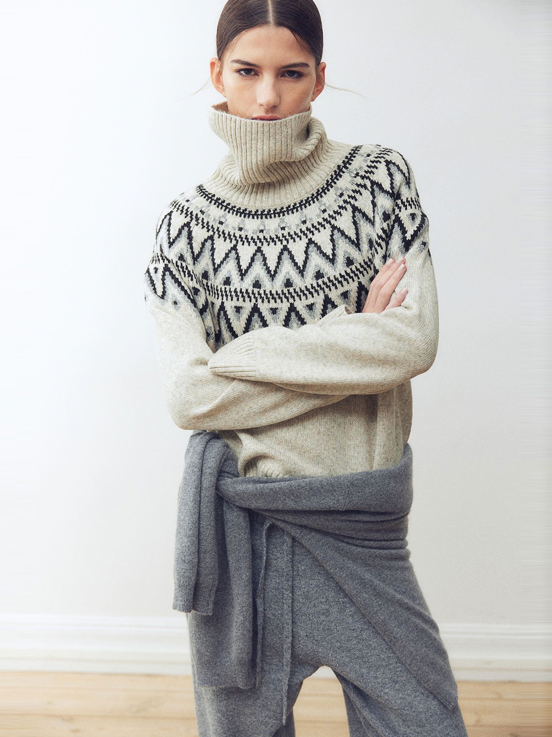 

H&M Jacquard-Knit Polo-Neck Jumper, Beige