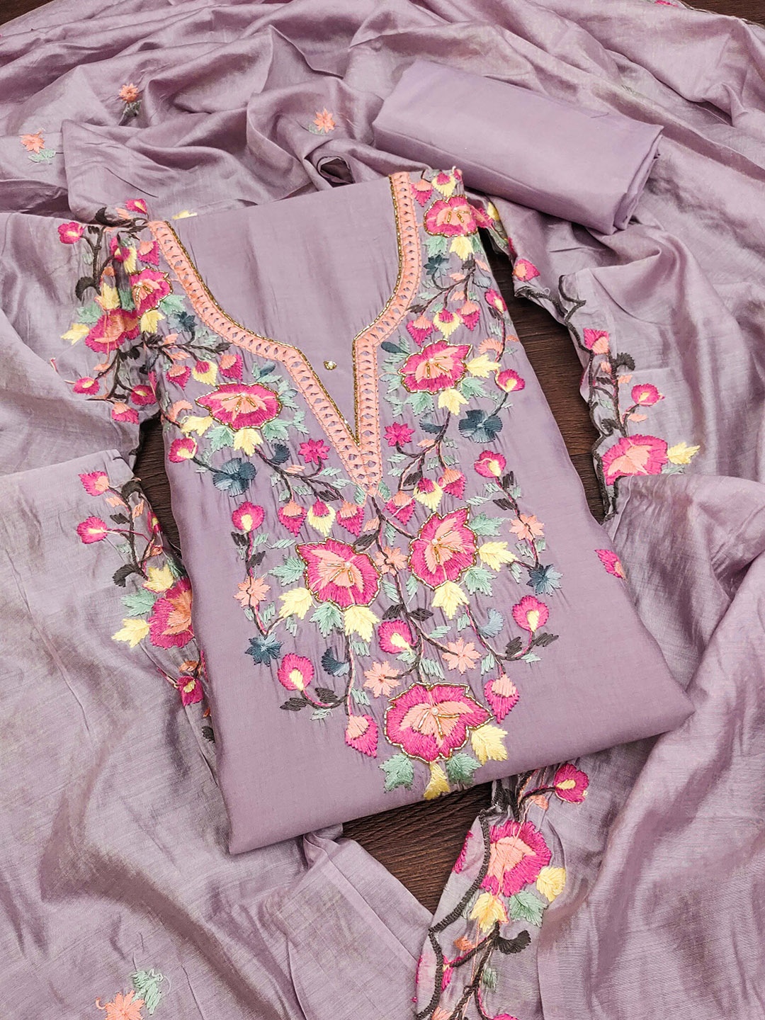 

KALINI Embroidered Pure Silk Semi-Stitched Dress Material, Lavender