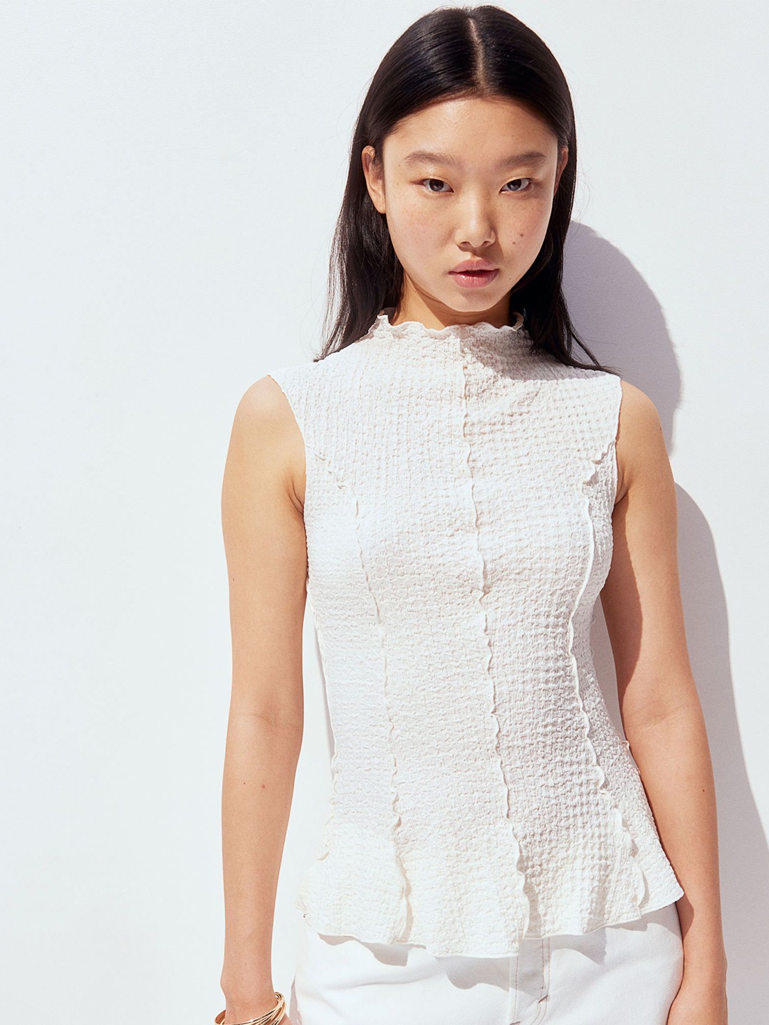 

H&M Overlock-Detail Textured Peplum Top, White