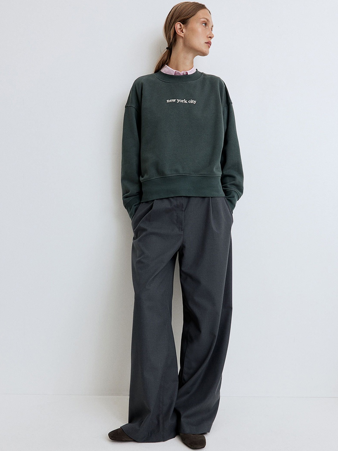 

H&M Women Wide Twill Trousers, Grey