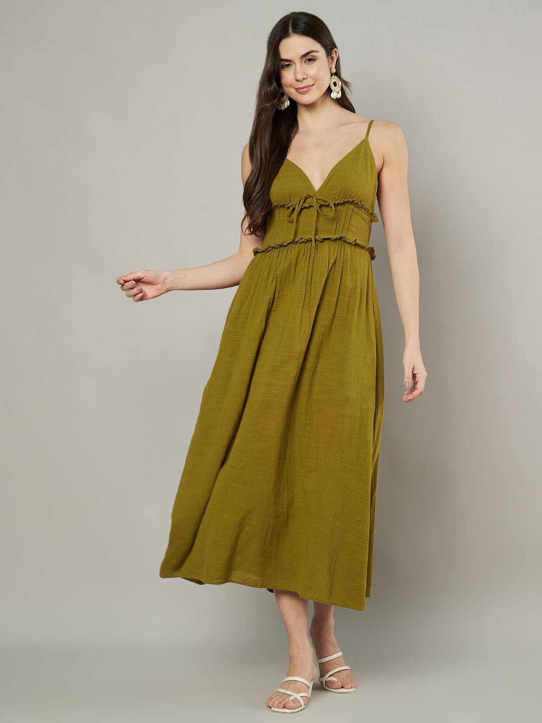 

Amagyaa Women Shoulder Straps Cotton Fit & Flare Midi Dress, Olive