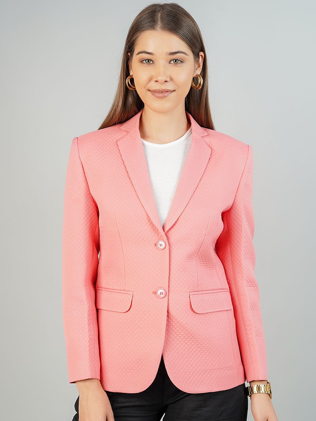 

INDOPHILIA Self Design Notched Lapel Collar Single Breasted Blazer, Pink