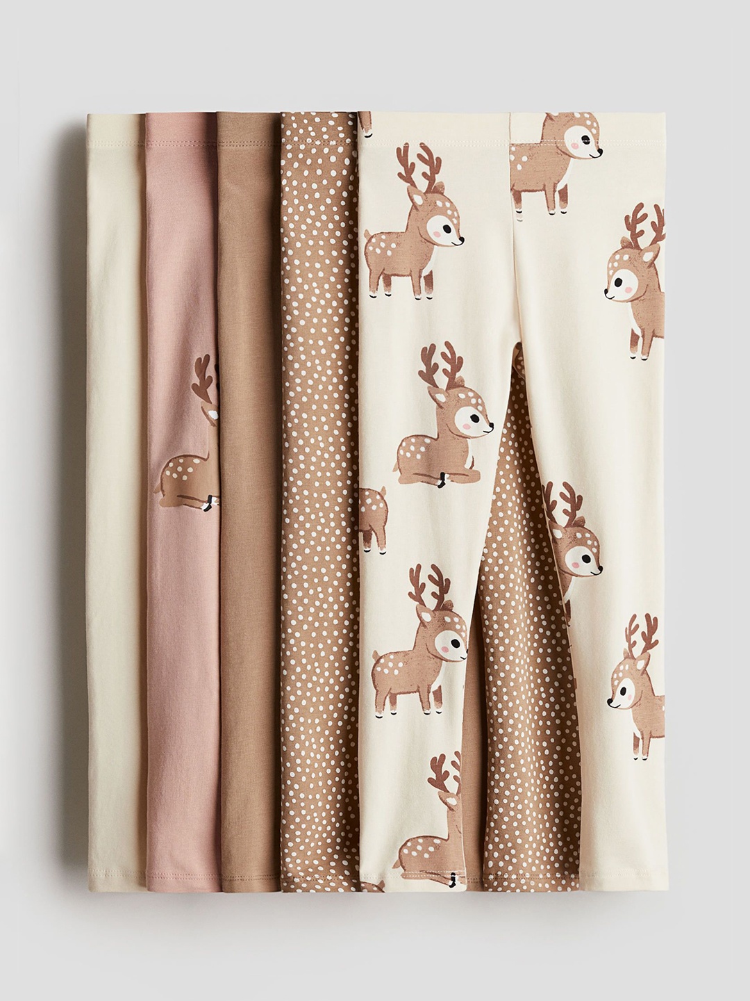 

H&M Girls 5-Pack Cotton Leggings, Beige