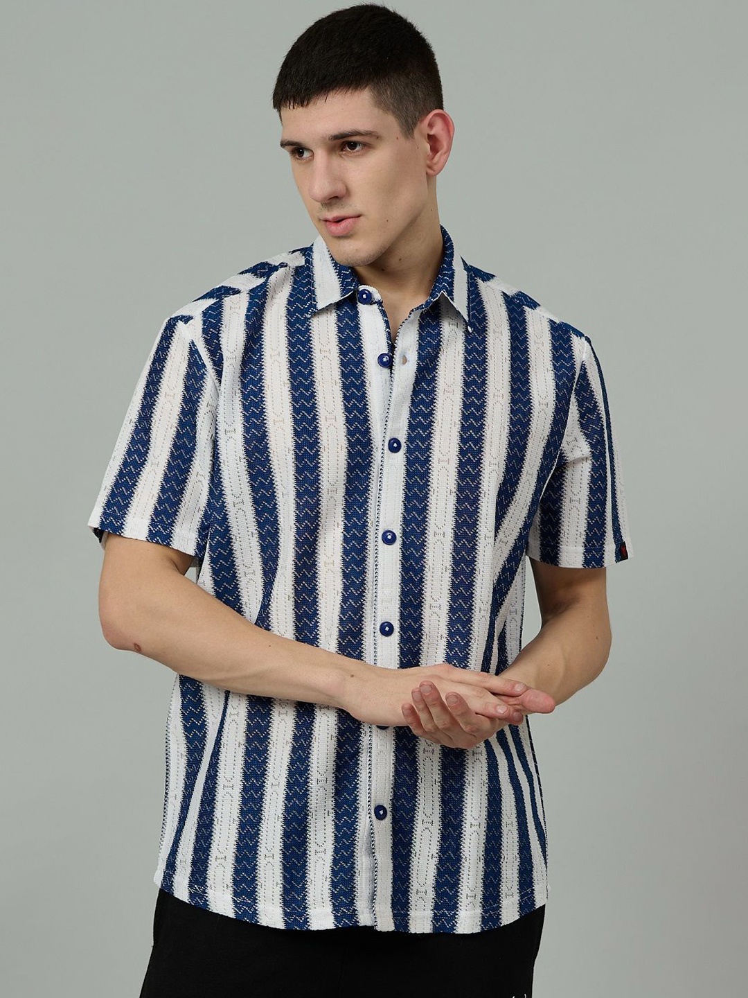

GO DEVIL Men Classic Spread Collar Vertical Striped Cotton Oversized Casual Shirt, Blue