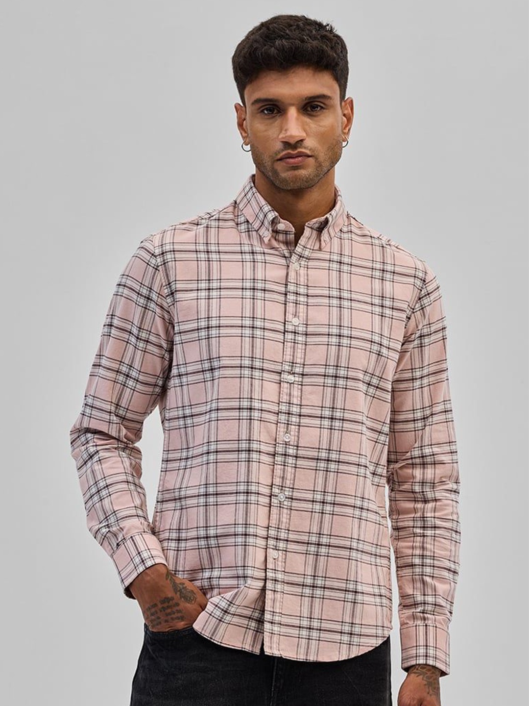 

Snitch Men Smart Button-Down Collar Tartan Checked Cotton Casual Shirt, Pink