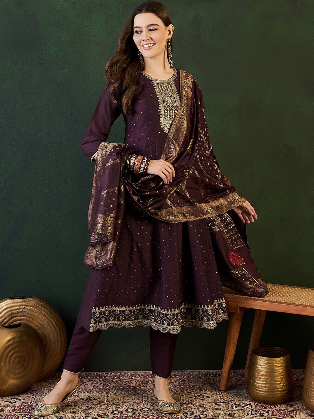 

Sangria Floral Embroidered Kurta with Trouser & Dupatta, Purple