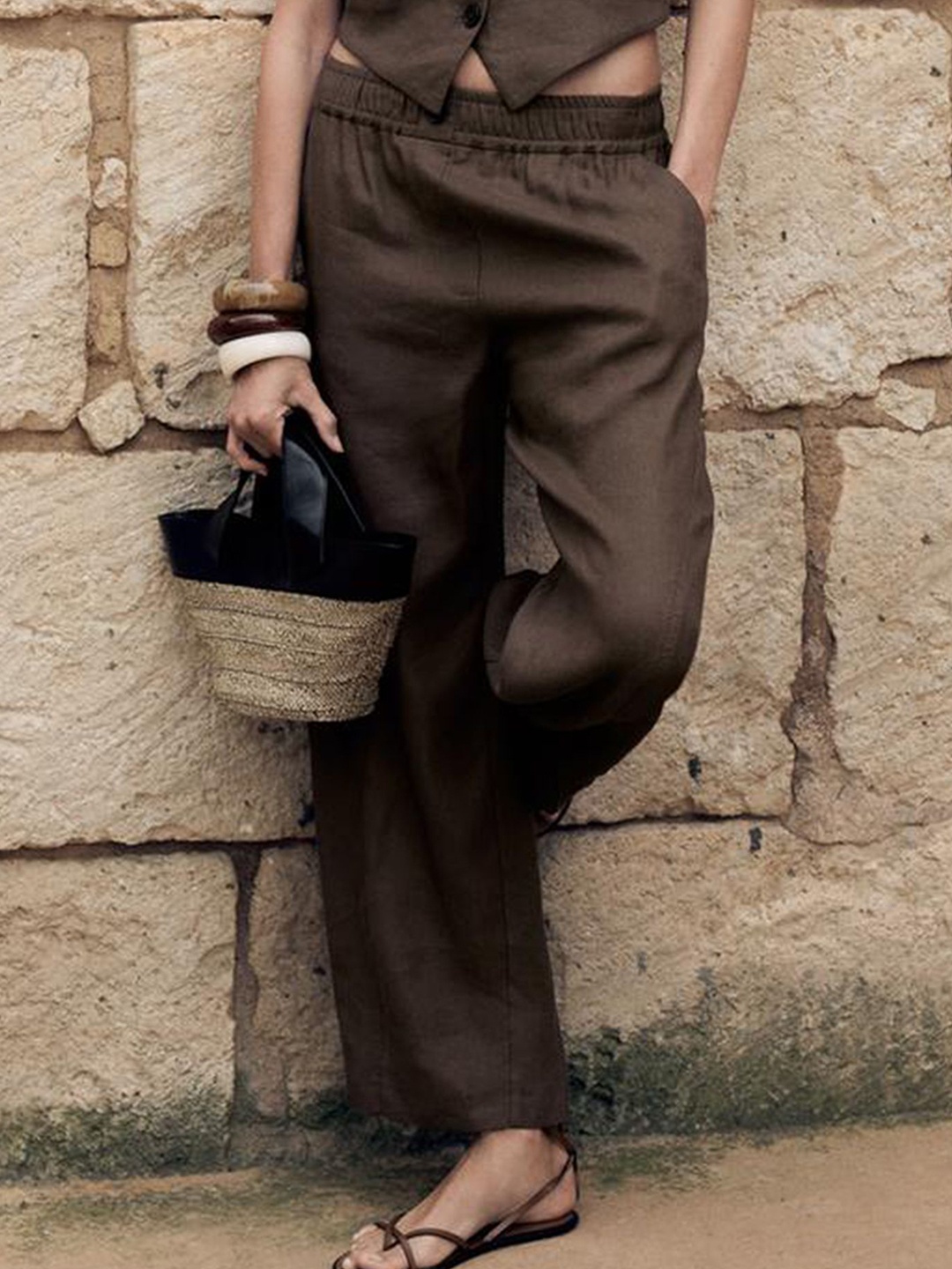 

LULU & SKY Women Tapered Fit High-Rise Trousers, Brown