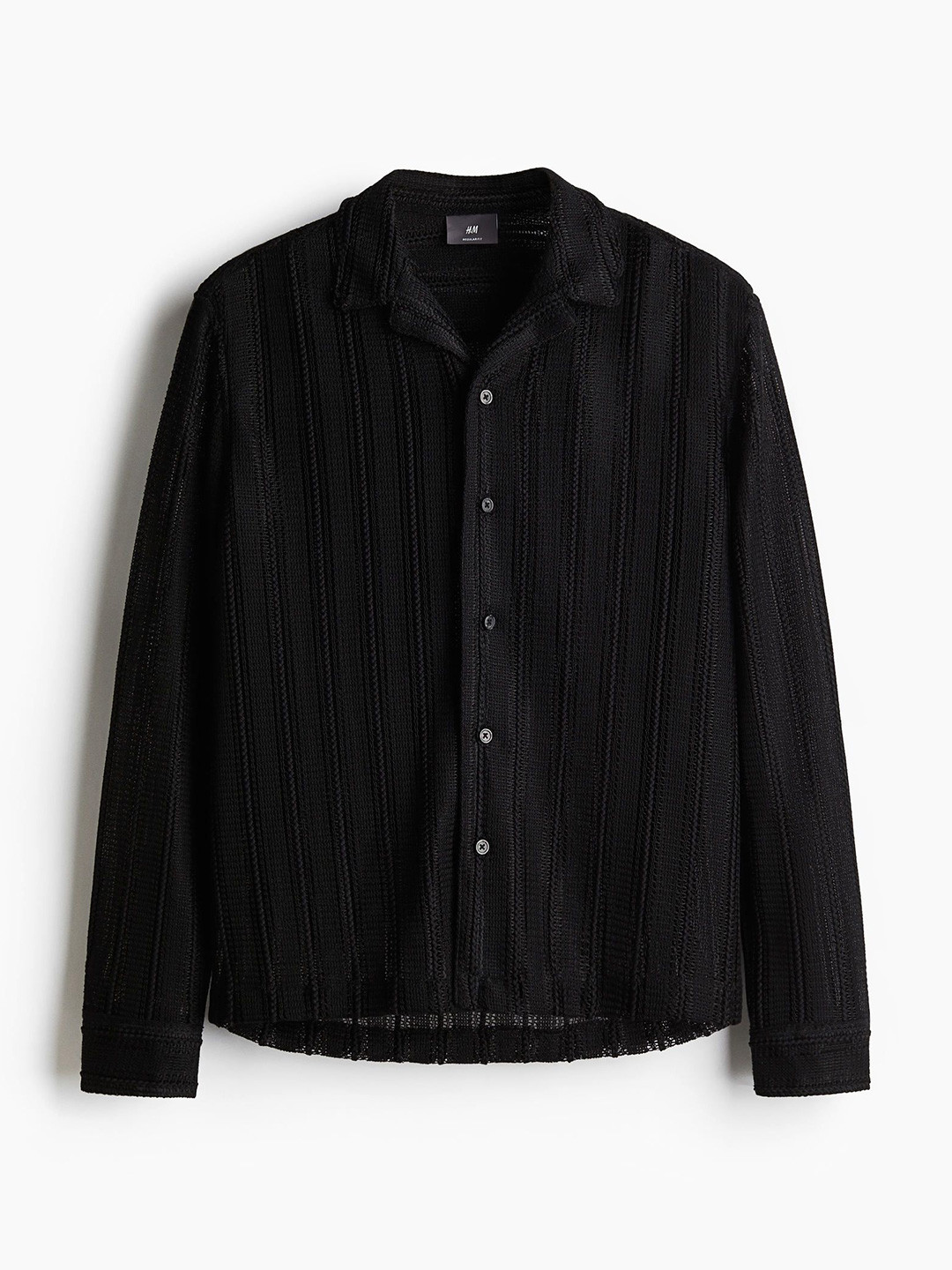 

H&M Men Regular Fit Hole-Knit Resort Shirt, Black