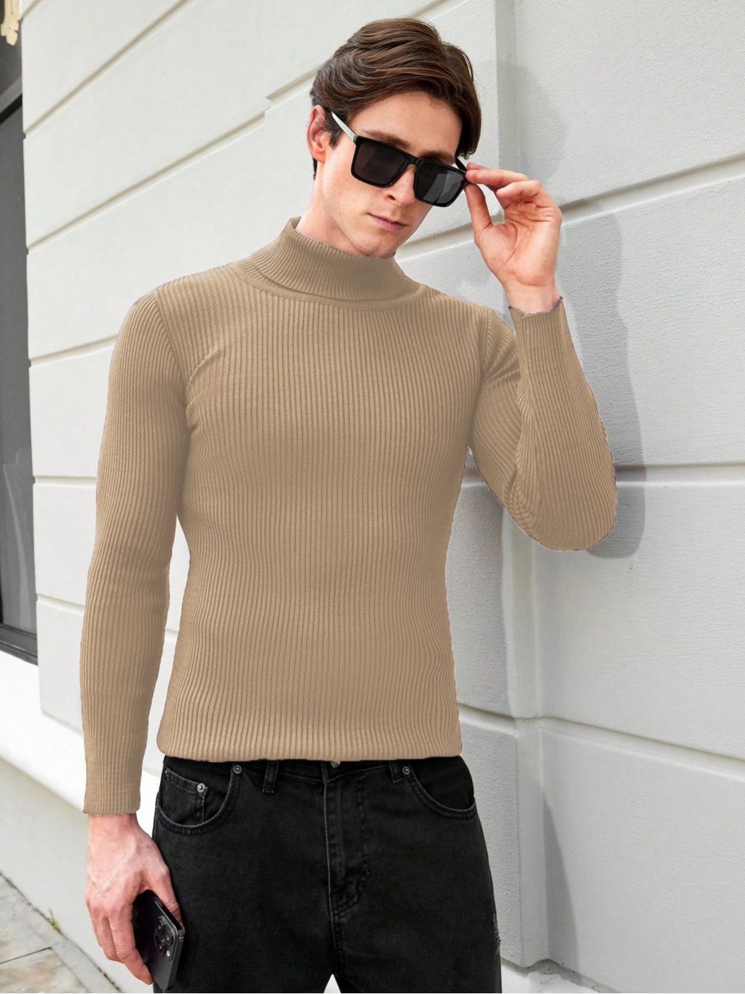 

CLAFOUTIS Men Solid High Neck Slim Fit T-shirt, Beige