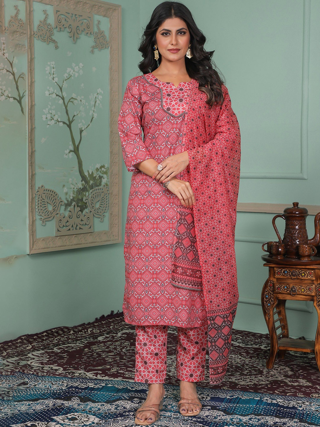 

Anouk Red Geometric Printed Notch Neck Straight Kurta With Trousers & Dupatta