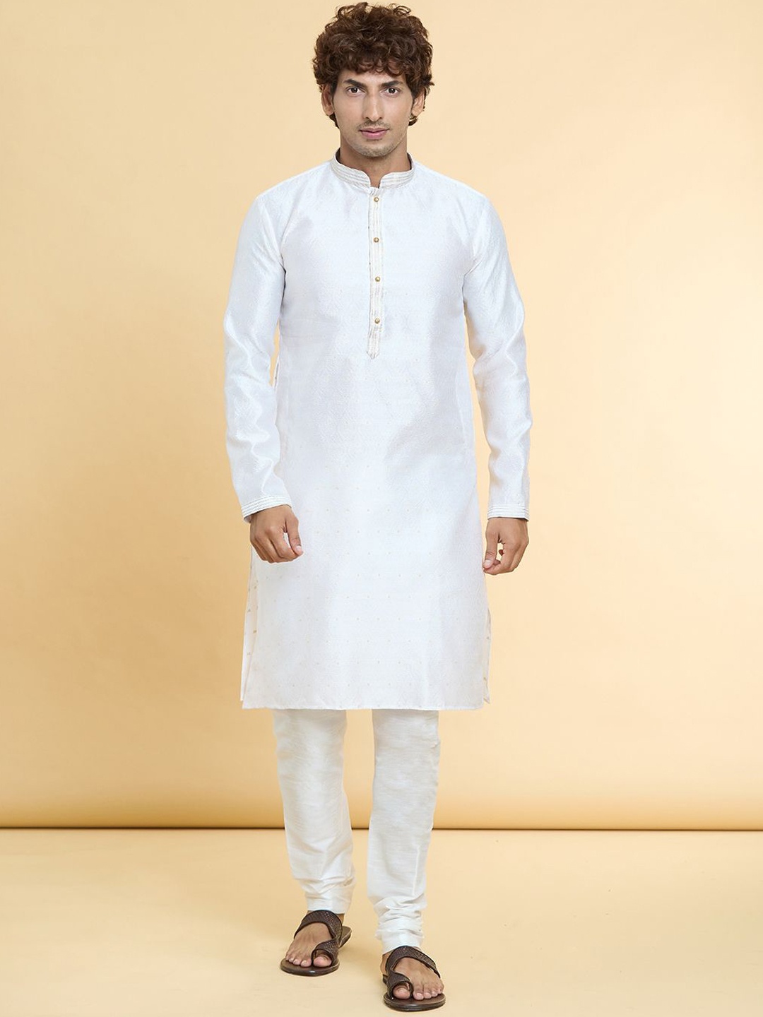 

Arihant Rai Sinha Mandarin Collar Ethnic Motifs Woven Design Straight Kurta with Churidar, White