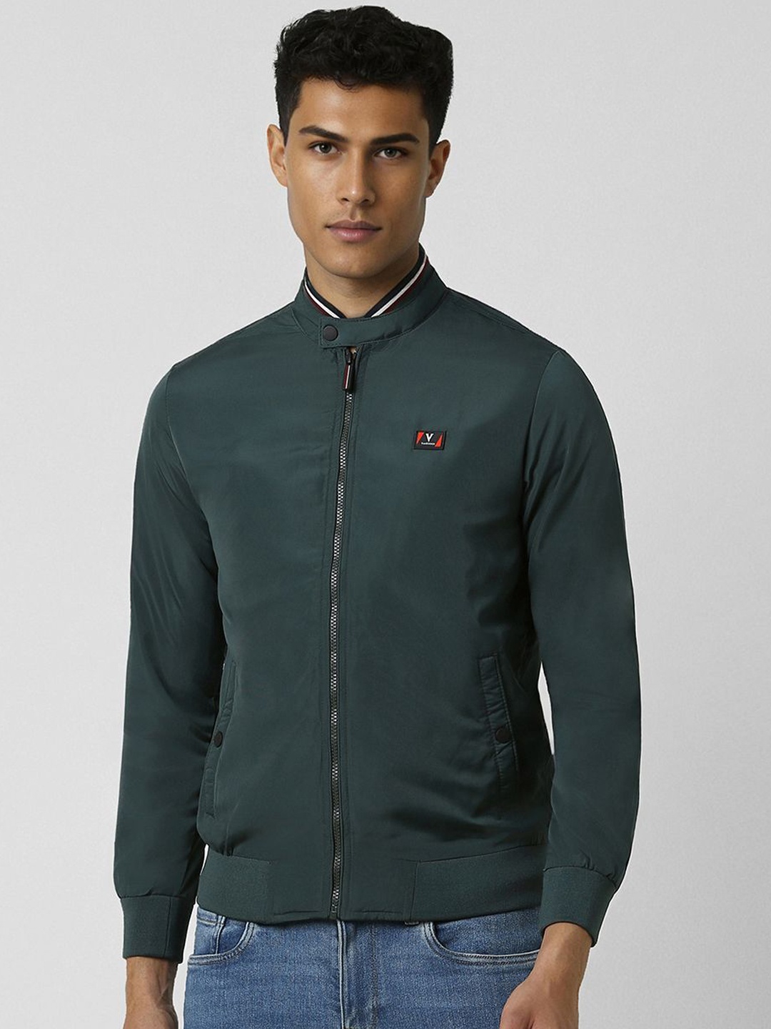 

Van Heusen Men Stand Collar Solid Casual Bomber Jacket, Teal