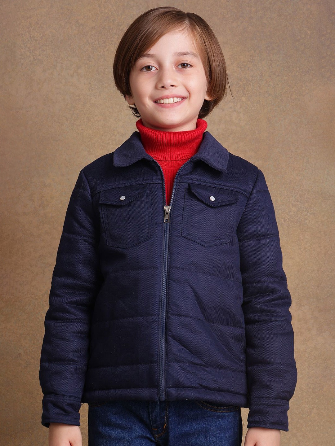 

One Friday Boys Spread Collar Solid Cotton Casual Quilted Jacket, Navy blue