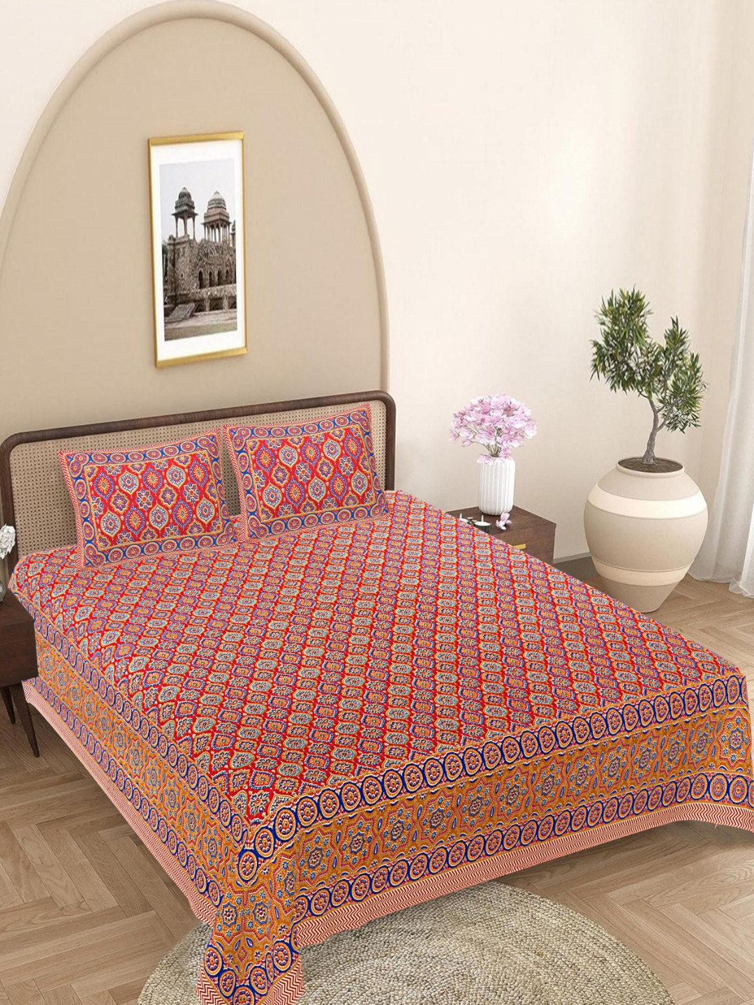 

FrionKandy Living Red Floral Printed Cotton 180 TC King Bedsheet Set 2.74 x 2.69 m