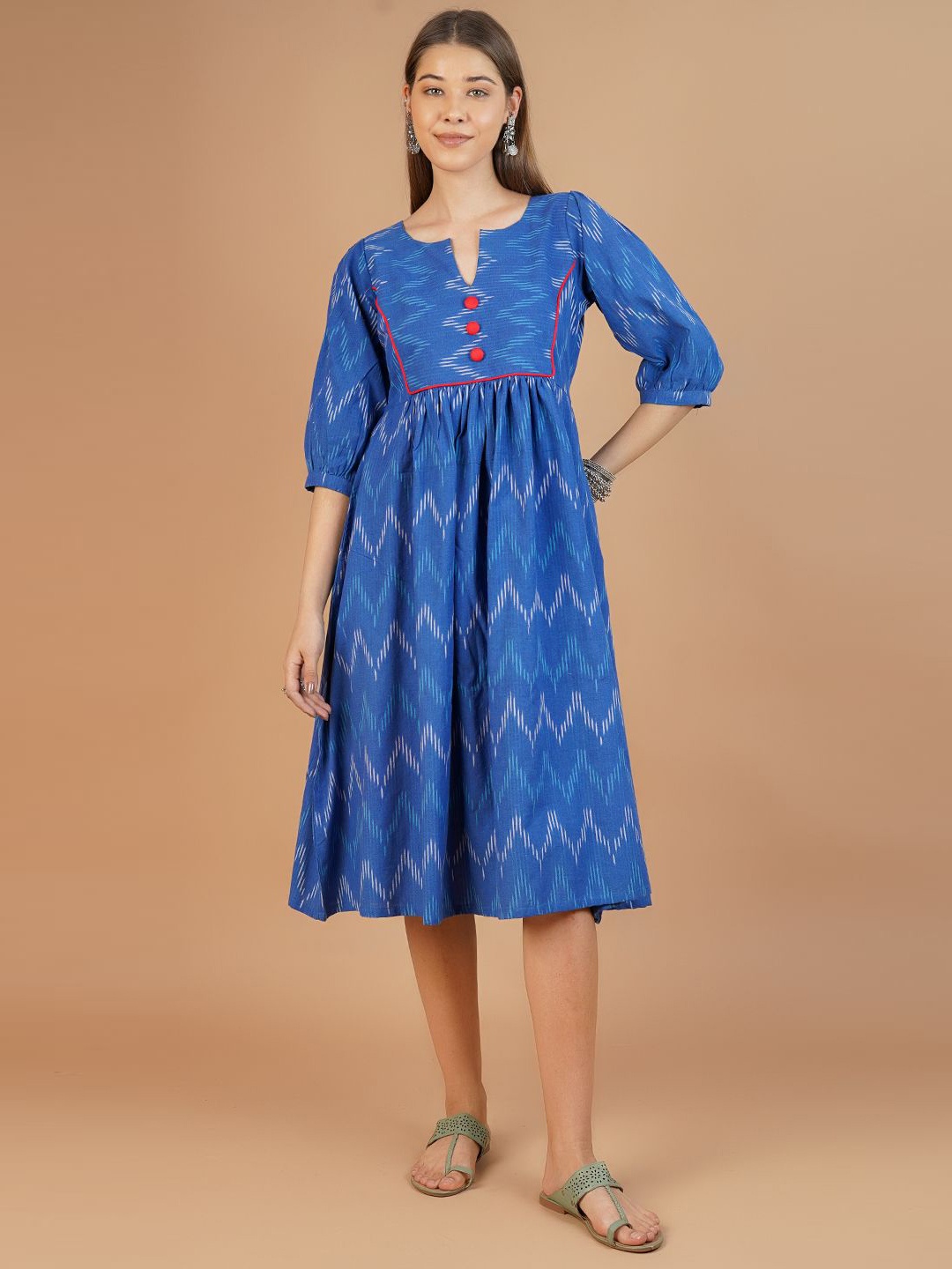 

INDOPHILIA Women Cotton Printed Midi Dress, Blue