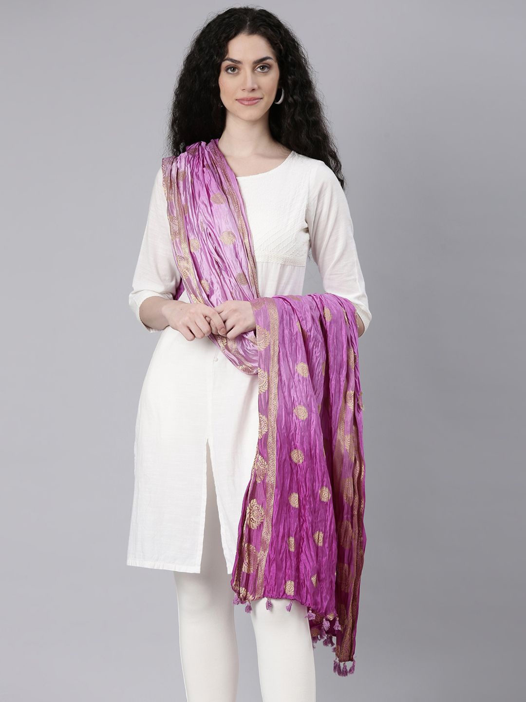 

Souchii Ethnic Motifs Foil Printed Silk Dupatta, Purple