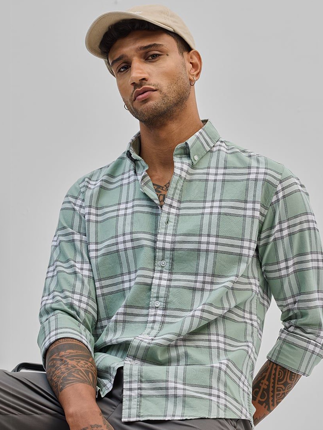 

Snitch Men Smart Button-Down Collar Tartan Checked Cotton Casual Shirt, Sea green