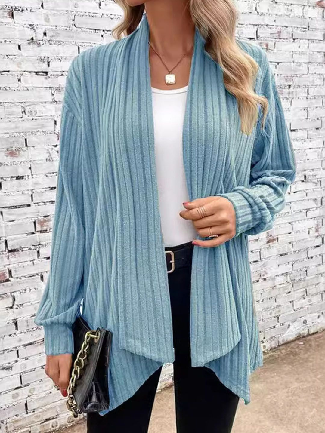 

StyleCast Blue Striped Long Sleeves Open Front Shrug