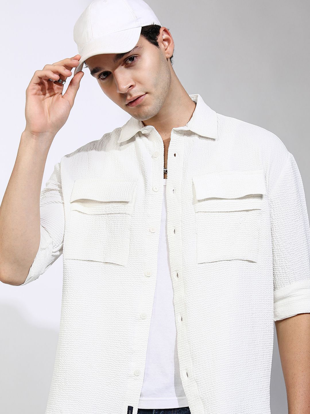 

Highlander Men Popcorn Textured Solid Oversized Overshirt, White