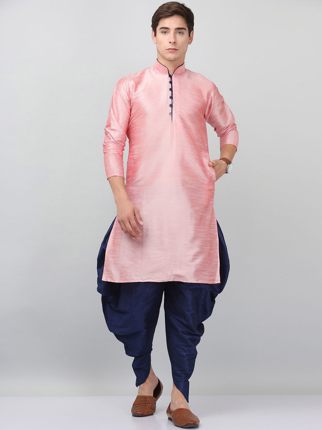 

LEMONX Mandarin Collar Dupion Silk Straight Kurta With Dhoti Pant, Pink