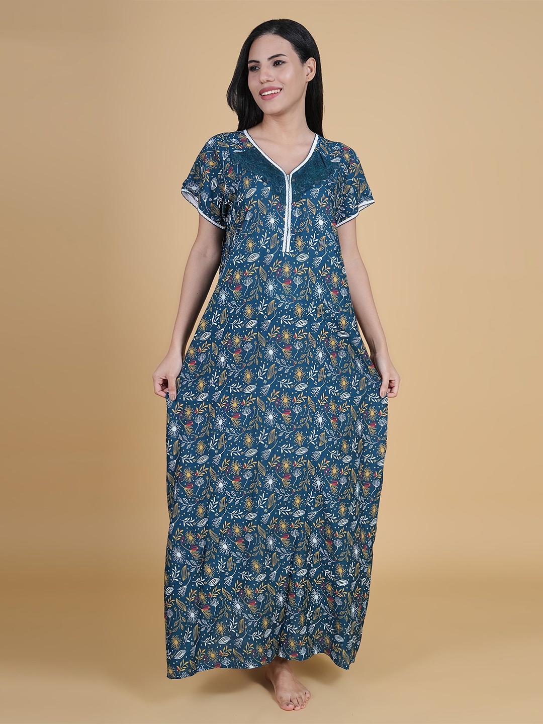 

Noty Women V-Neck Short Sleeves Maxi Nightdress, Blue