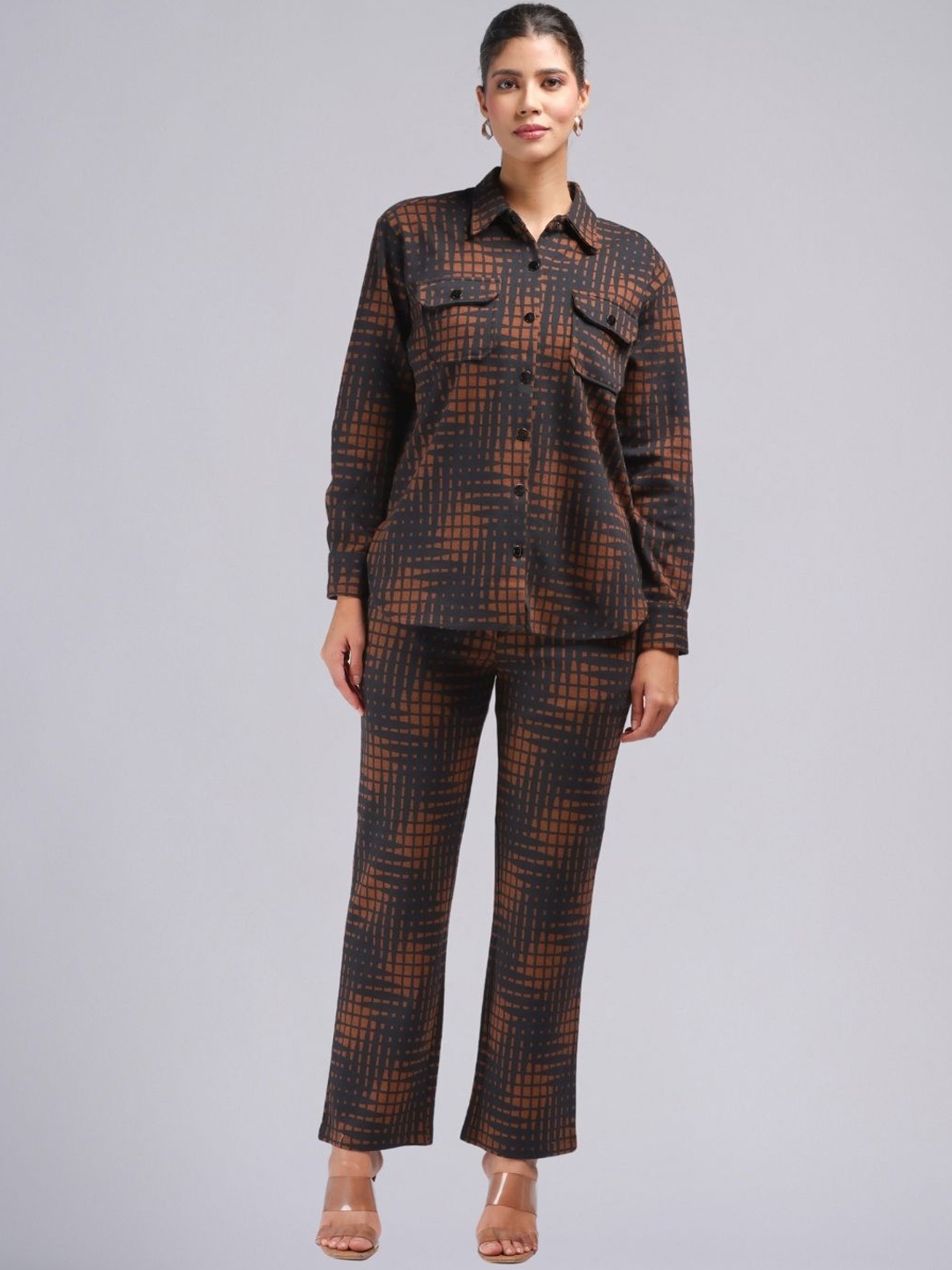 

PUREMIST Printed Long Sleeve Shirt & Trouser Co-Ords, Brown