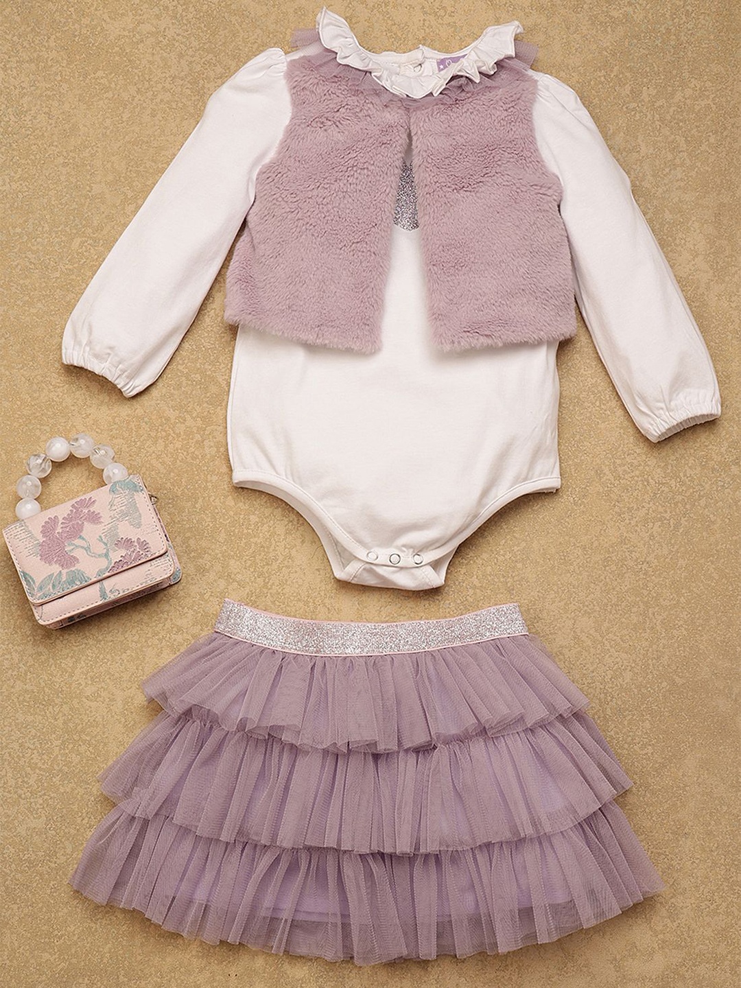 

One Friday Girls Pure Cotton Bodysuit with Skirt, Purple