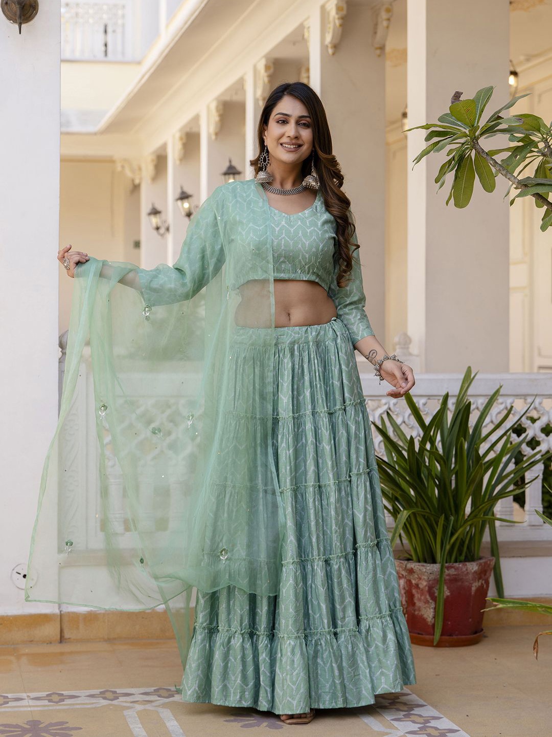 

KALINI Printed Thread Work Ready to Wear Lehenga & Blouse With Dupatta, Green