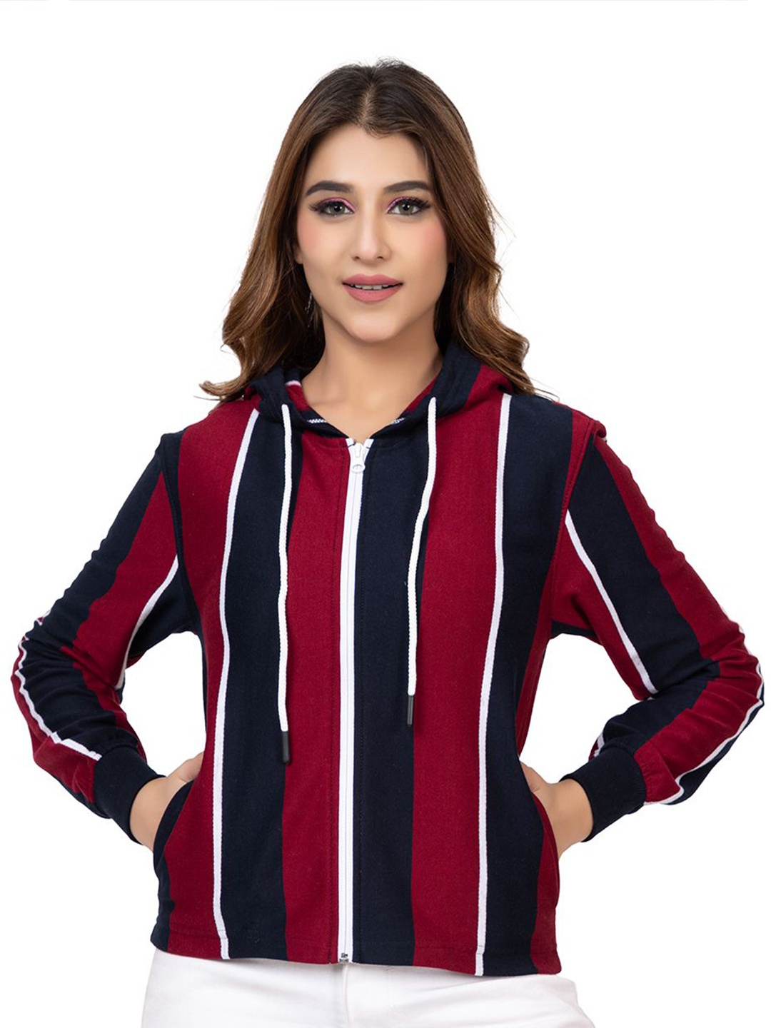

Antiloop Women Striped Hooded Sweatshirt, Red